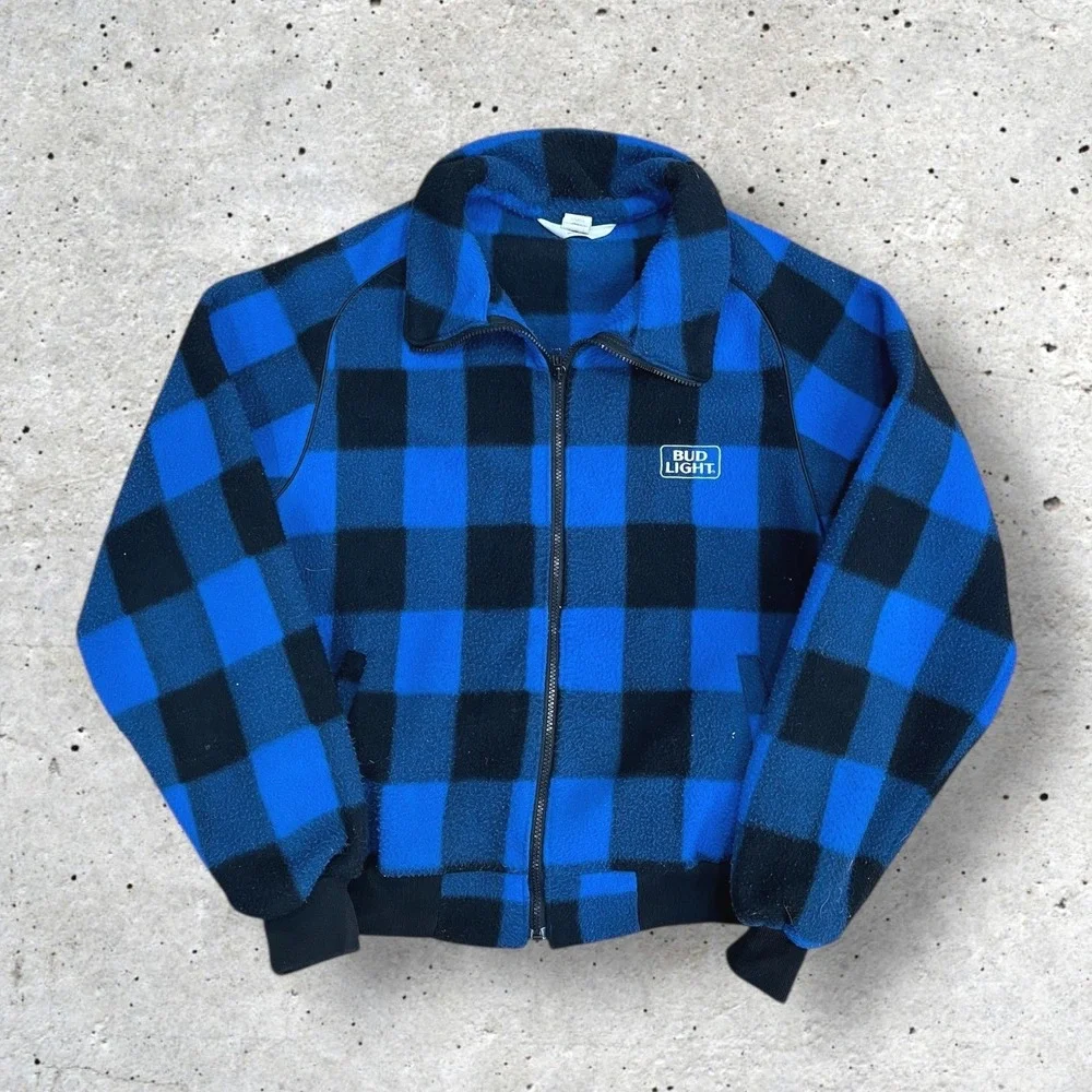 VTG Official Bud Light Plaid Fleece Jacket Zip Blue Black Men's XL Polarfleece